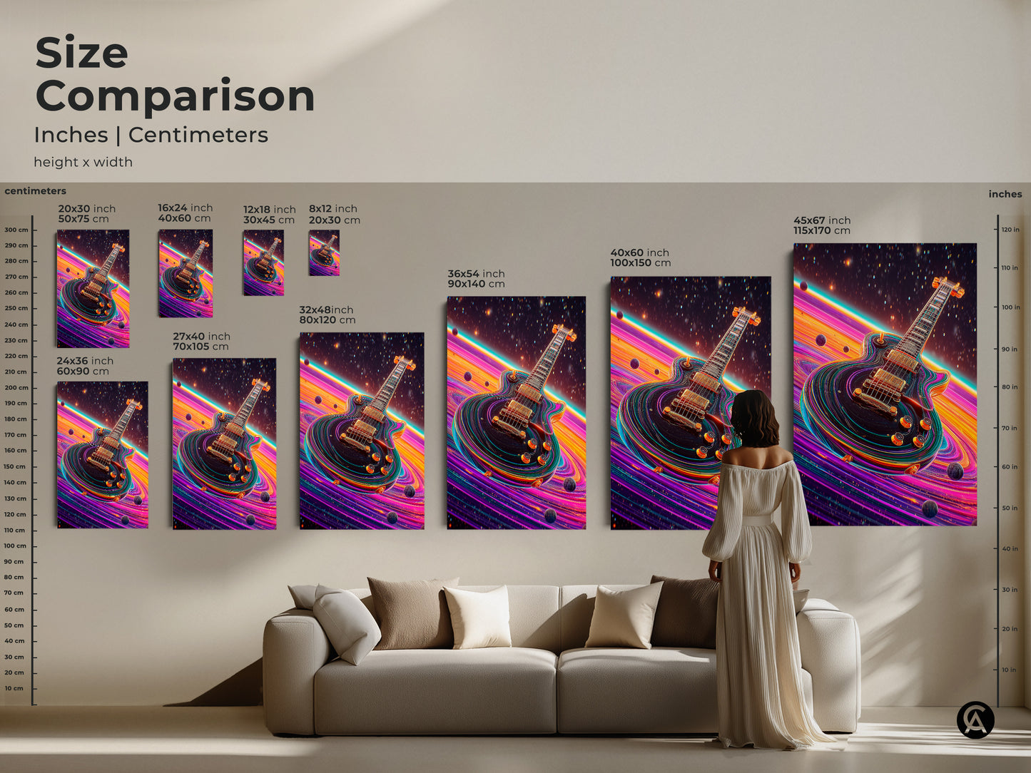 Size comparison of abstract electric guitar art. Different sizes of the space theme canvas print are displayed above a sofa. This is a unique gift for musicians. The pink orange purple colors add vibrancy to any space.