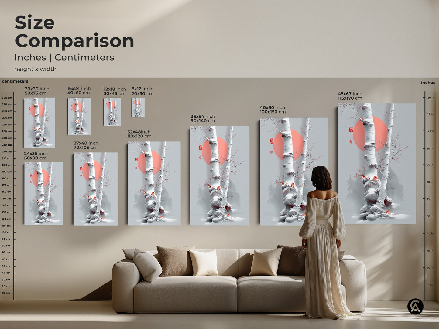 Size comparison of birch tree artwork in inches and centimeters. Visualize how different sizes of this minimalist art fit in your space. See small to extra-large prints with a coral sun. Choose the perfect artwork for your home.