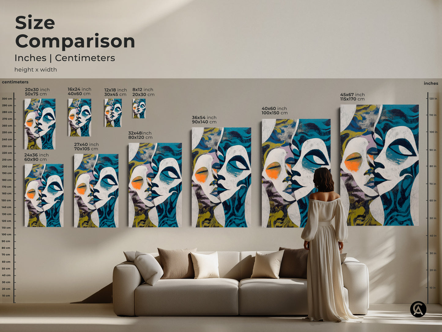 Angle view of Blue White Teal Abstract Face Canvas Print. The figurative face print is a modern art piece. This eclectic bedroom decor enhances the wall. Abstract expressionism makes a great art lover present.