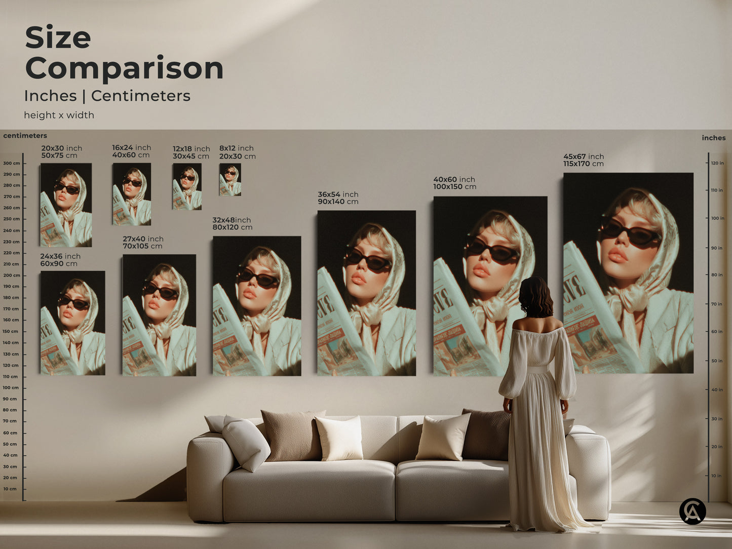 Size Comparison of Retro Glamour Fashion Portrait. See this cream beige aesthetic art print in different sizes. Visualized in inches and centimeters. Perfect for eclectic style home decor. Find the right fit for your space.