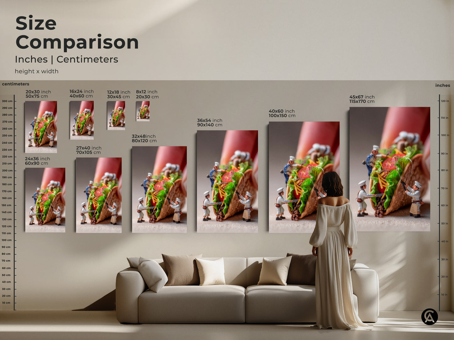 See the size comparison of our miniature chefs crafting a giant taco artwork. Available in various sizes for canvas and poster prints. Visualize how this culinary art fits in your living space. Perfect for adding a unique touch to any room. Shop now and elevate your home decor.