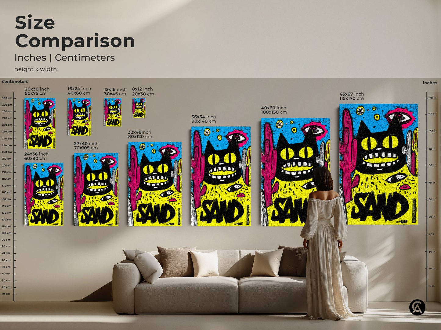 Size comparison of art prints in inches and centimeters. Various sizes are available. Find the right art print to fit your space. Discover the perfect artwork to enhance your home decor.