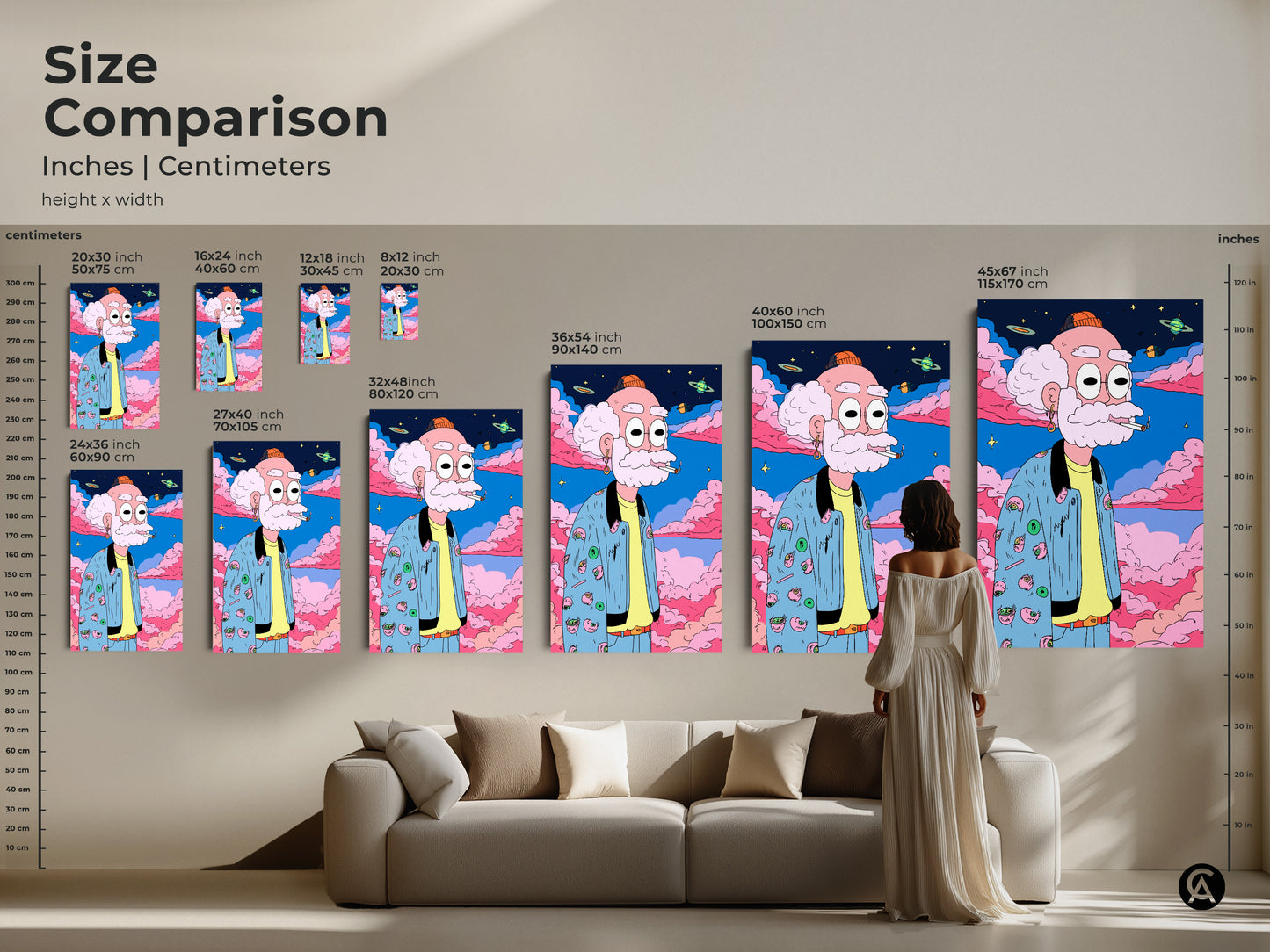 Size comparison of cartoon art prints featuring a man smoking. Inches and centimeters are shown. Find the perfect art print size for your space. This unique wall art will enhance your home decor.