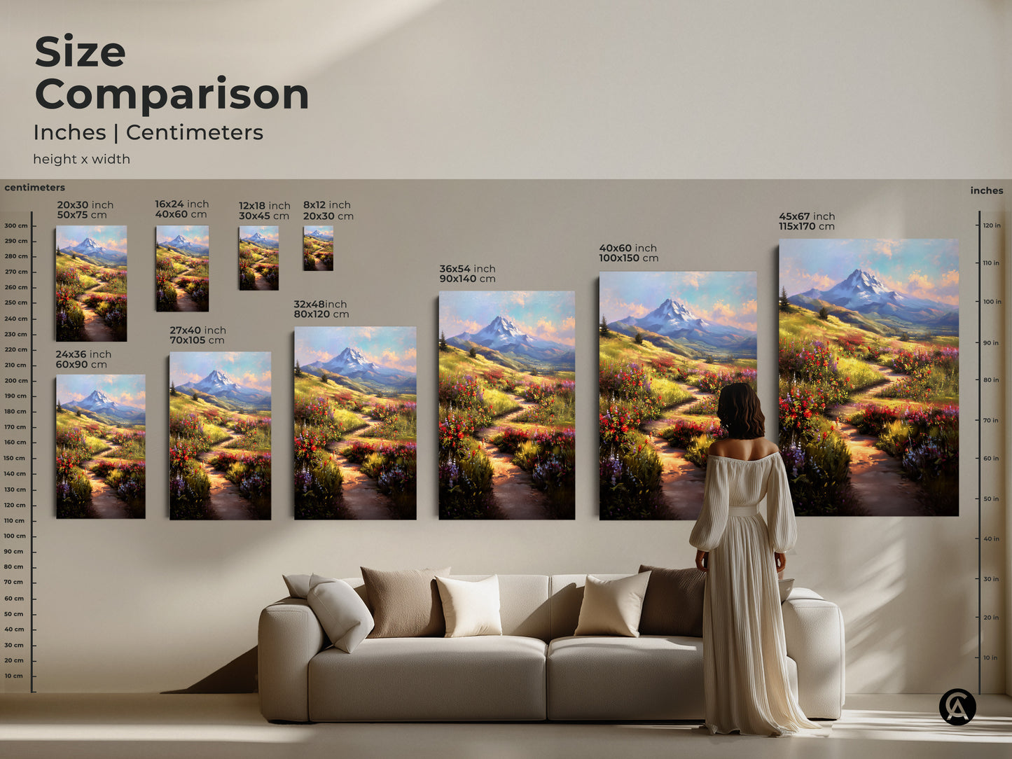 Size comparison of impressionistic wildflower landscape art prints. See how different sizes of canvas prints and posters fit above a sofa. Visualize the impact of this blue yellow and green nature art in your living room. Choose the perfect scenic mountain view print to enhance your home decor.