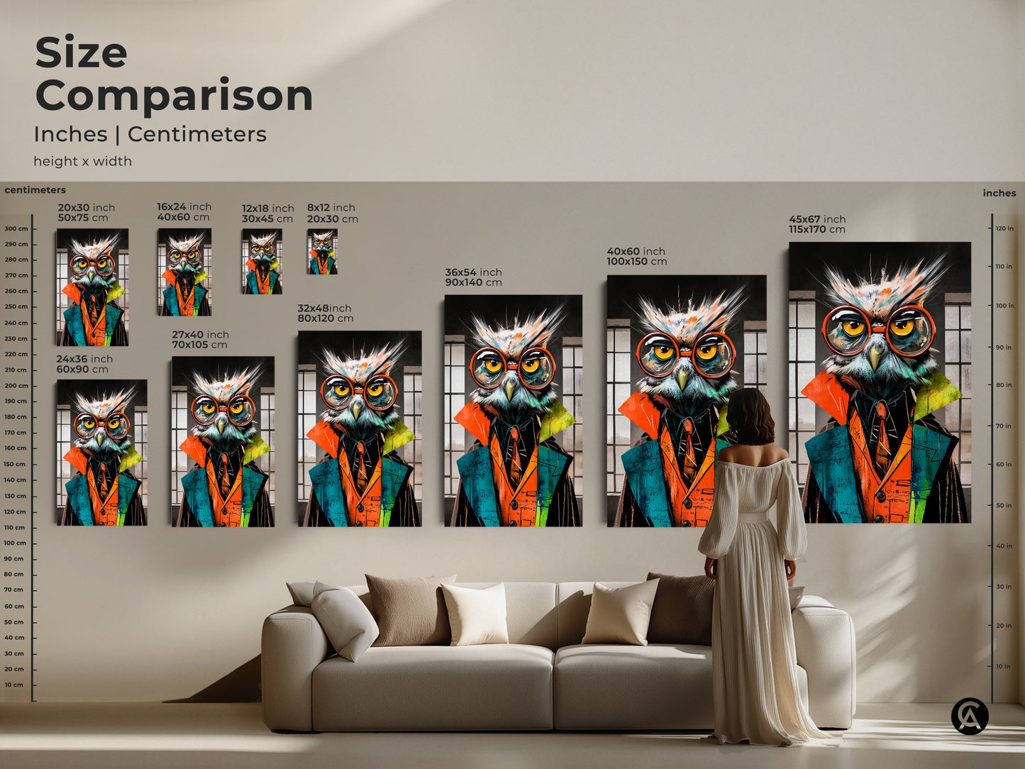 Size comparison showcasing the professor owl artwork in various dimensions. The canvas and poster prints range from small to large sizes. The artwork is ideal for study room or office decor. The art makes a unique gift.