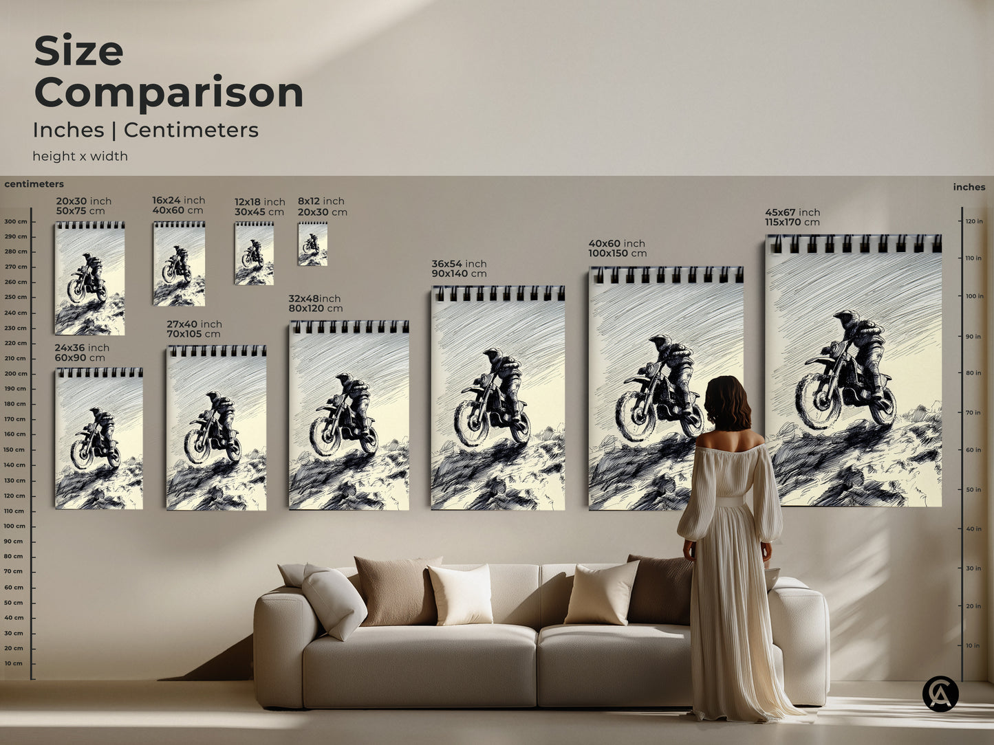 Compare sizes of the Motocross Rider sketch art print in inches and centimeters. See how the artwork scales from a small 20x30 cm print to a large 45x67 inch canvas. This black and white ink drawing is perfect for adding an industrial touch to living rooms or garages.