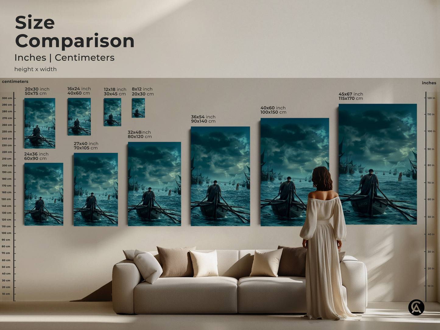 Size comparison of nautical art prints featuring a man rowing a boat. Various sizes available in inches and centimeters. Perfect for adding a classic ocean scene to your living room. Enhance your traditional home decor with this maritime canvas print.