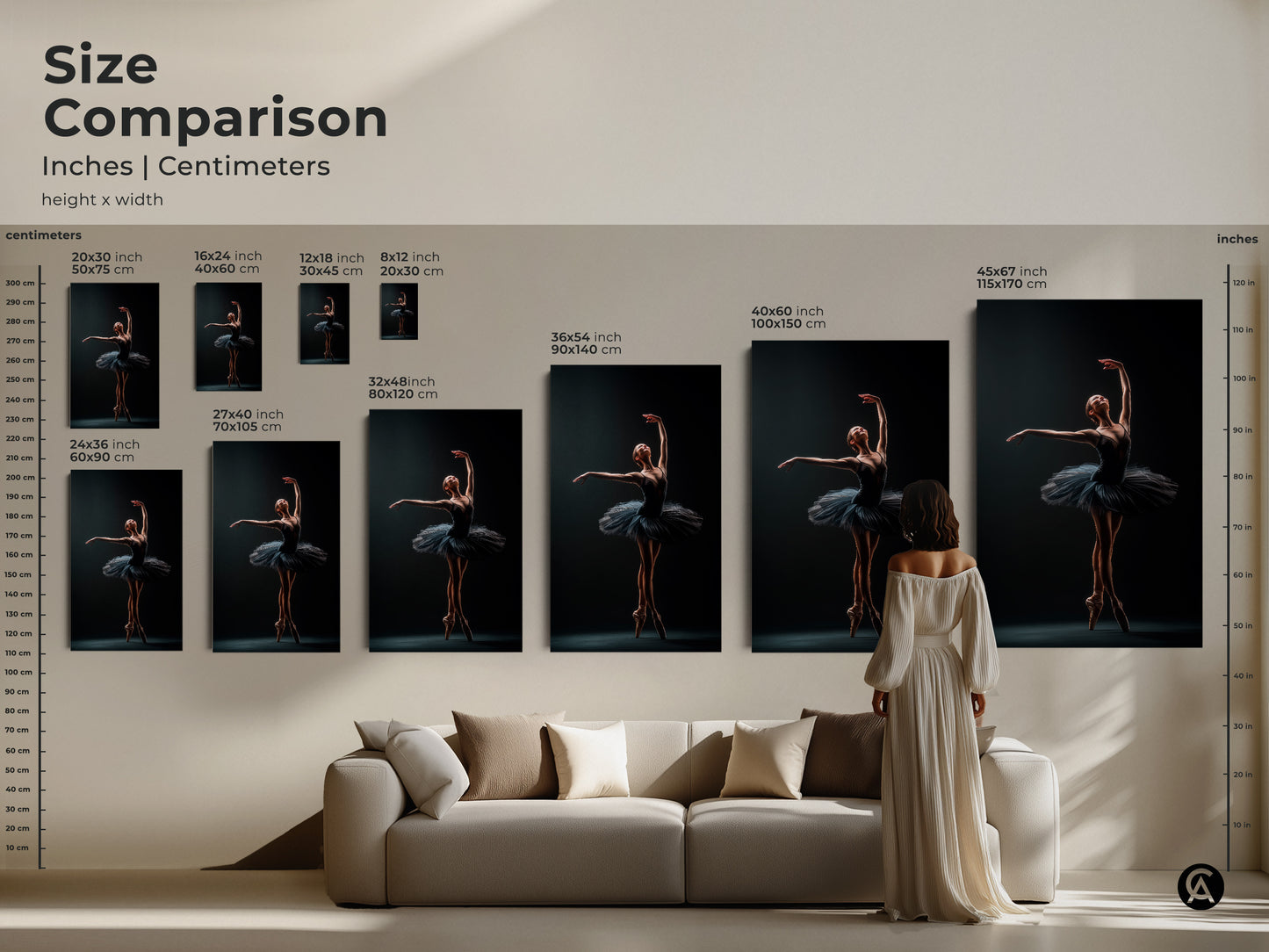 Size comparison of ballerina artwork prints. See how different sizes fit above a sofa. Available in inches and centimeters. Choose the perfect scale for your room. Enhance your decor with this elegant ballet art. Find the ideal print size.