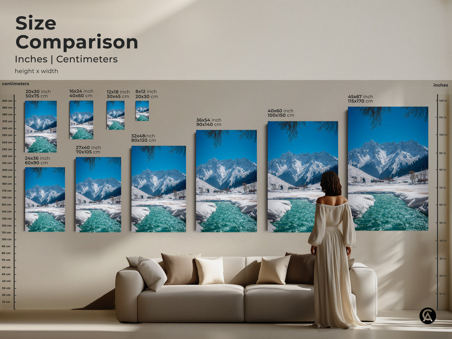 Size comparison of winter mountain landscape art. Visualize how canvas art fits above a sofa. Available in various sizes this artwork is perfect for home decor. Find scenic nature prints to enhance your living space with mountain views.