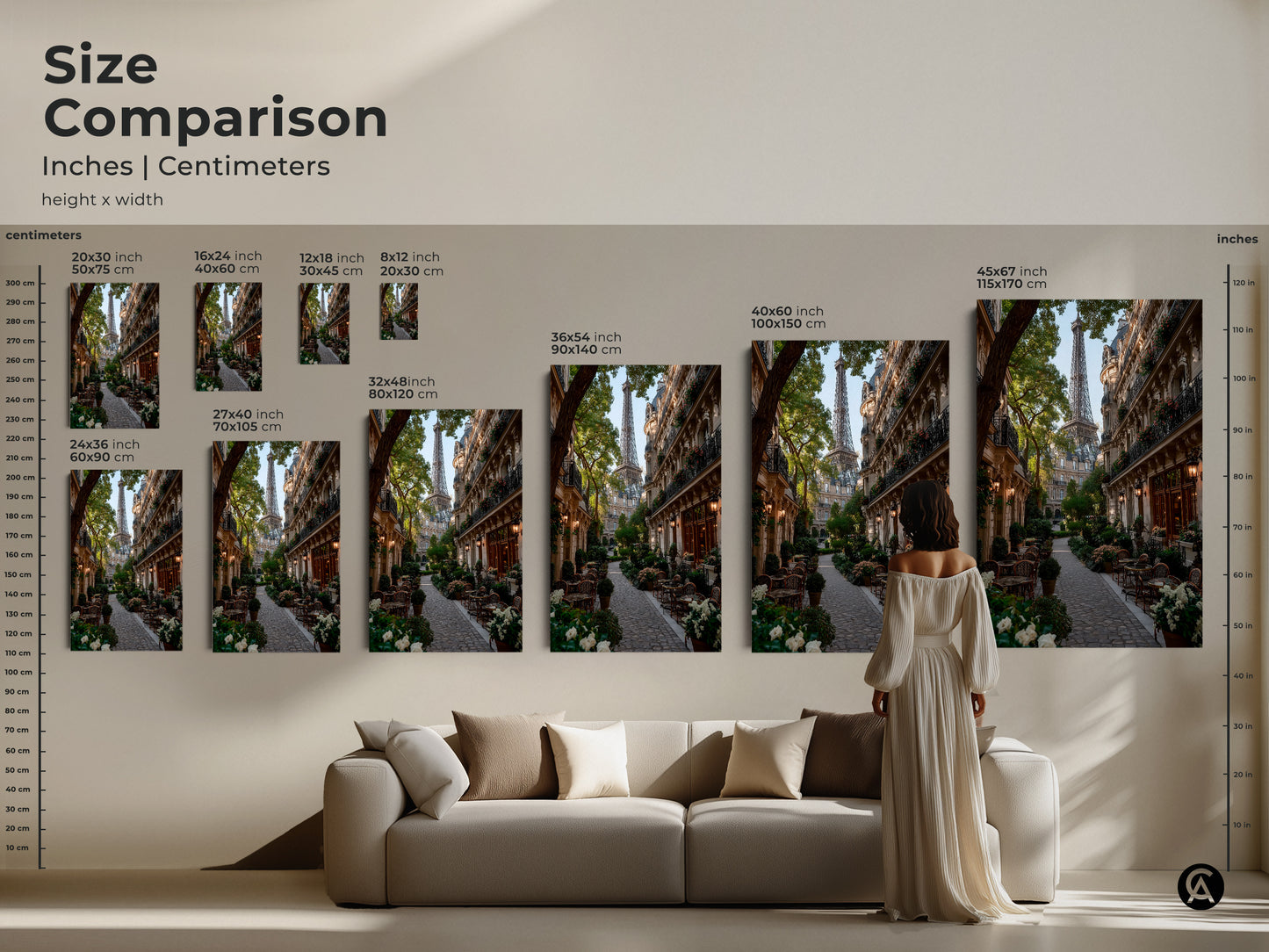 Size comparison of Eiffel Tower Paris artwork. See how different sizes fit above a sofa. Inches and centimeters provided for canvas and posters. Visualize the impact of this European cityscape art in your living space.