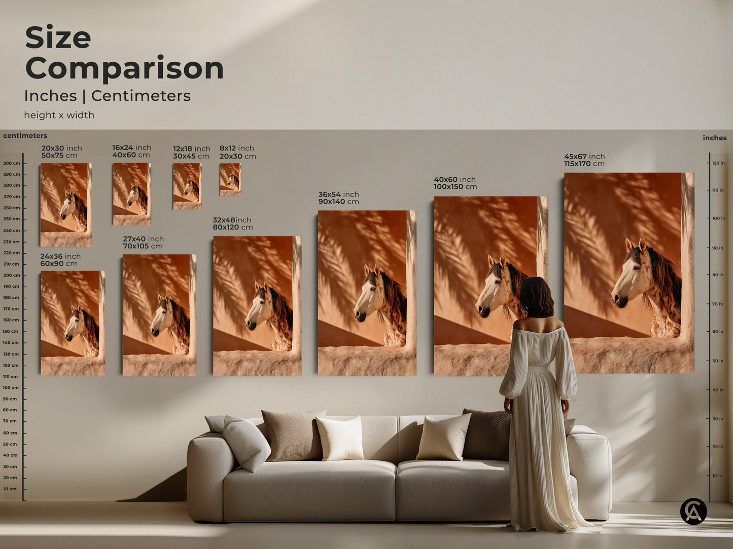 Size comparison of boho horse art in inches and centimeters. Visualize the scale of terracotta animal prints featuring a photorealistic horse. Palm fronds art print displayed in various sizes above a sofa. Find the perfect size for your equestrian decor. Transform your living room with this desert horse art.