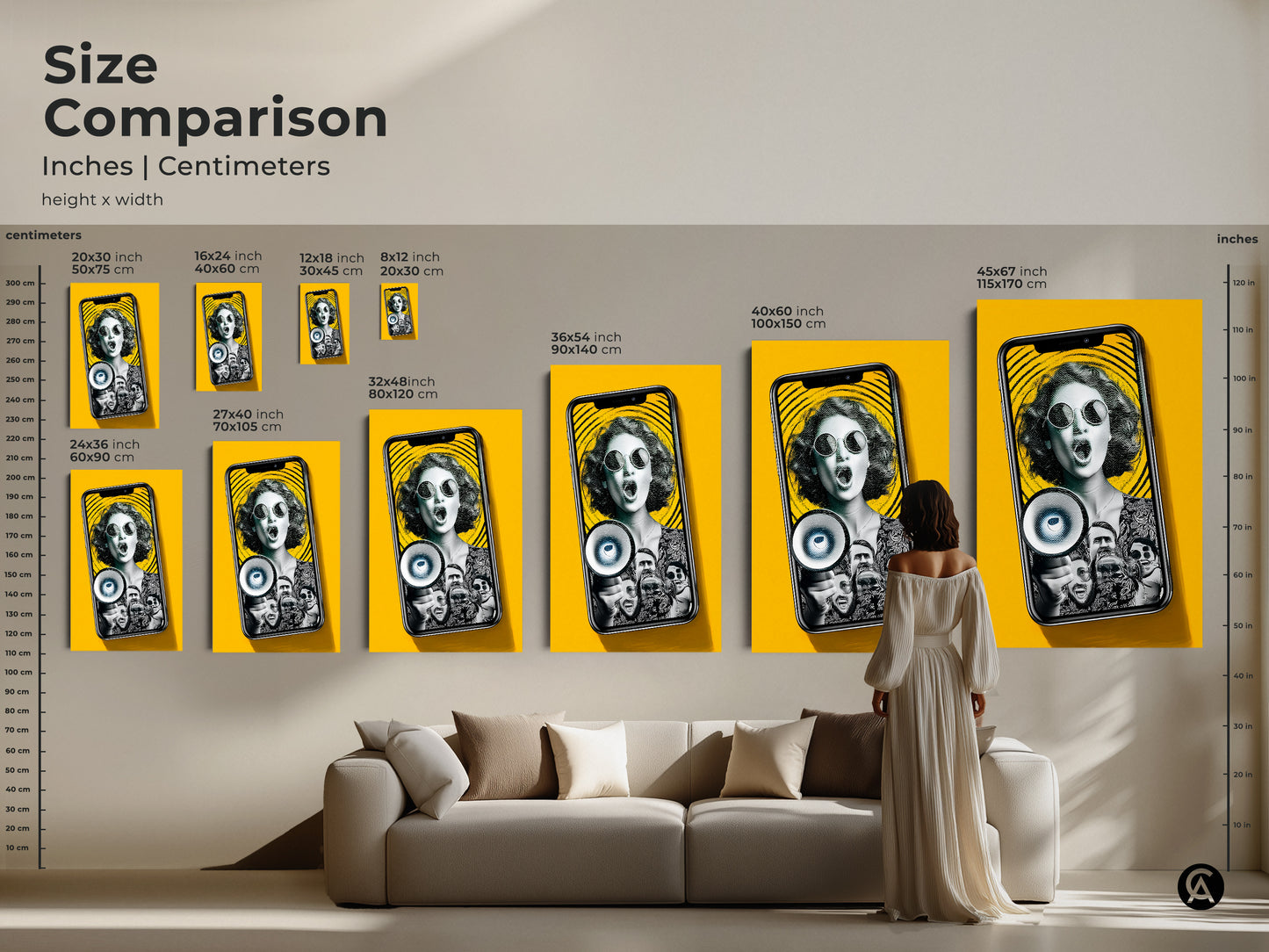 Size comparison of the woman megaphone art inches and centimeters. The art is displayed in various sizes in a living room. A woman stands near the artwork. Choose the right size for your space.