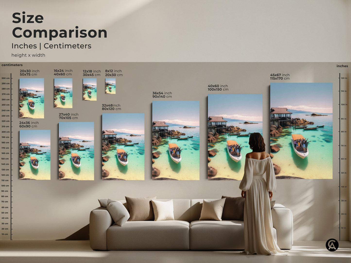 Size Comparison of Coastal Art. Inches and Centimeters. See how the Turquoise Ocean Boat Art fits in your space. Various sizes available. Choose the ideal artwork for your home. Transform your living space with tropical vacation vibes.
