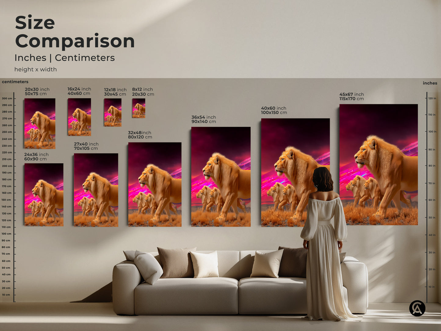 Size comparison of Lion Pride artwork. See how the wildlife animal art transforms a living room. Various sizes showcase this fantasy savanna landscape. Big cat art makes a stunning statement in any space. Ideal for cat and animal lovers