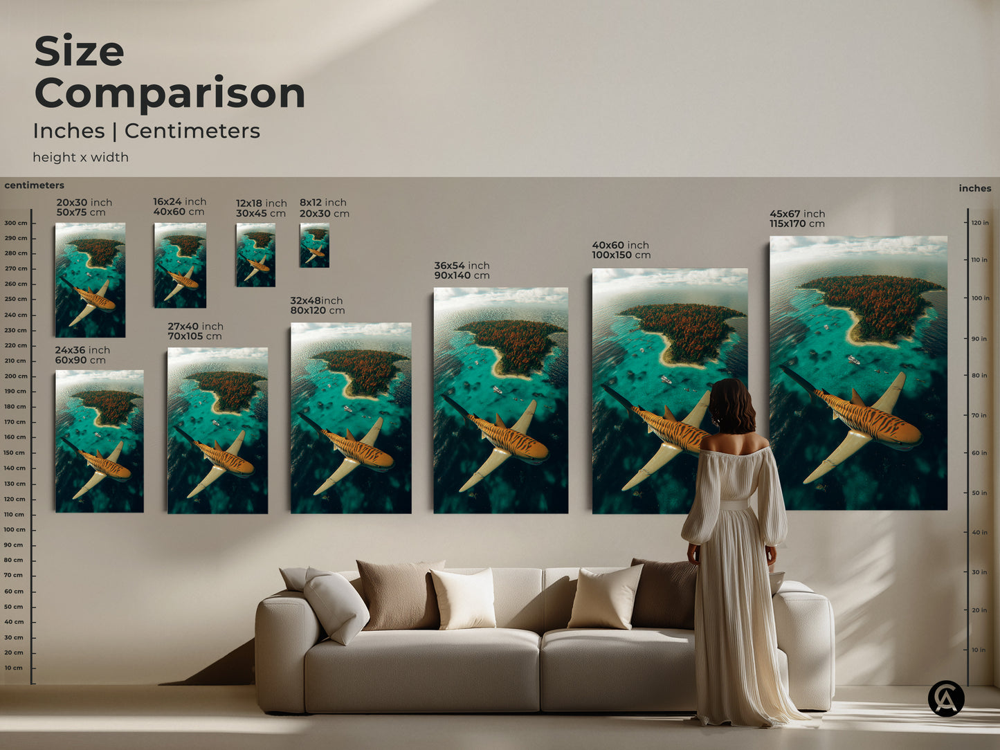 Compare sizes of our surreal tiger shark canvas art. See how the artwork fits in various spaces. From 16x24 to 45x67 inches this ocean aerial view wall art is perfect for any room. Choose the ideal size to make a statement with this eclectic wall hanging.