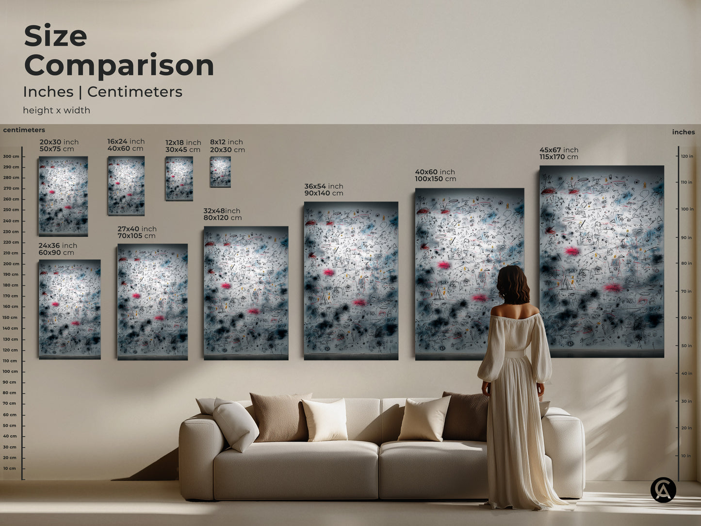 Size comparison of wall art in inches and centimeters. See how different sizes fit above a sofa. The artwork features a complex arrangement of symbols and lines. Sizes range from small to extra-large. Perfect for visualizing the impact of each piece. Transform your living space with the ideal size of this captivating art.