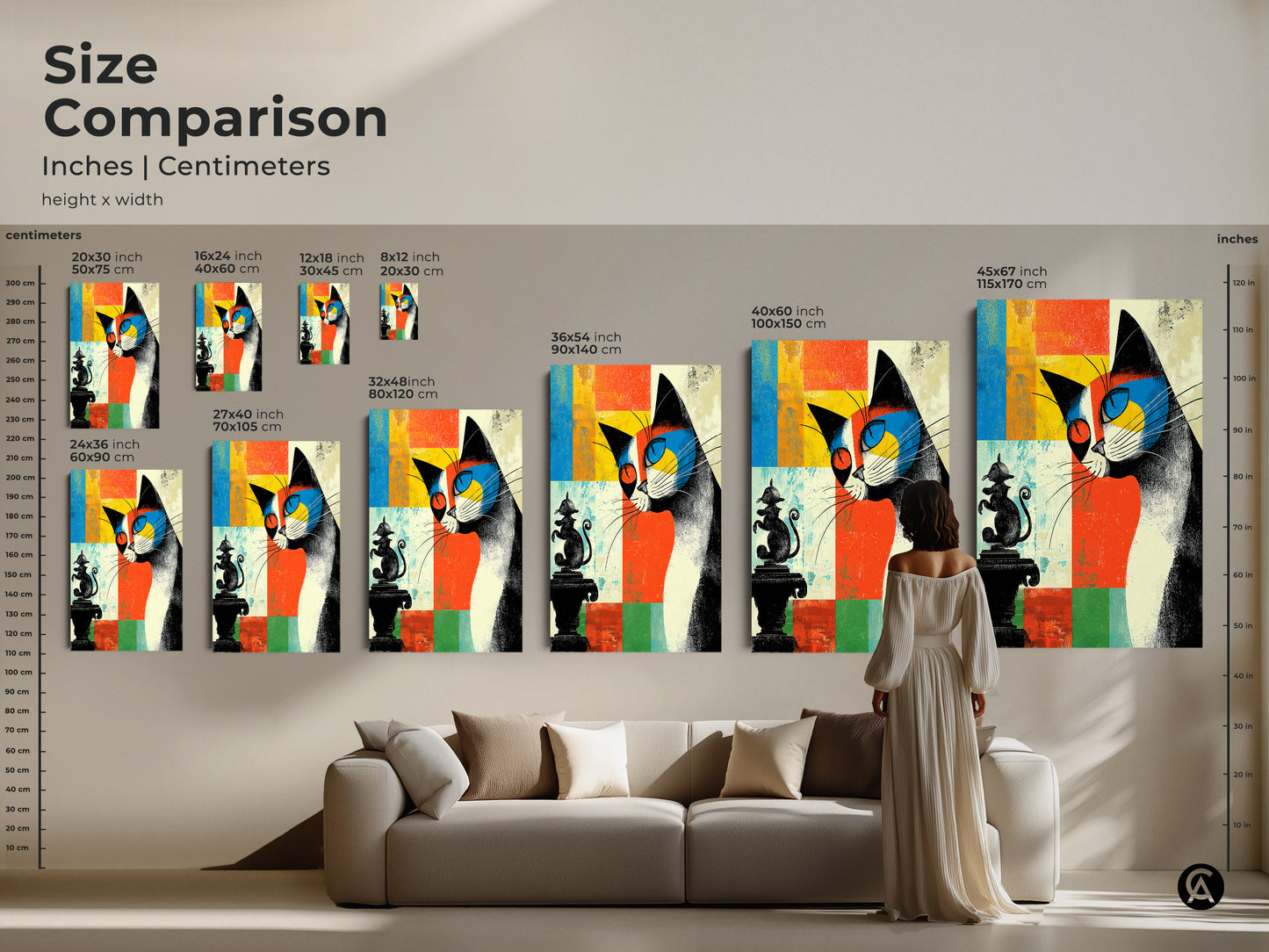 Size comparison of abstract cat art prints in inches and centimeters. See how various sizes look above a sofa. Perfect for adding a touch of mid-century modern charm to your living space. Great for cat lovers.