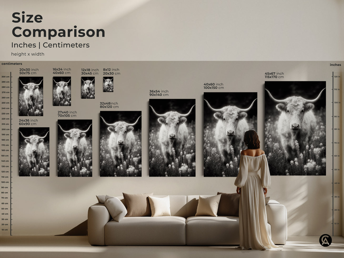 Size comparison of longhorn artwork. See how different sizes look above a sofa. Artwork includes 12x18 inch and 45x67 inch options. Each artwork showcases a black and white photograph of a longhorn.