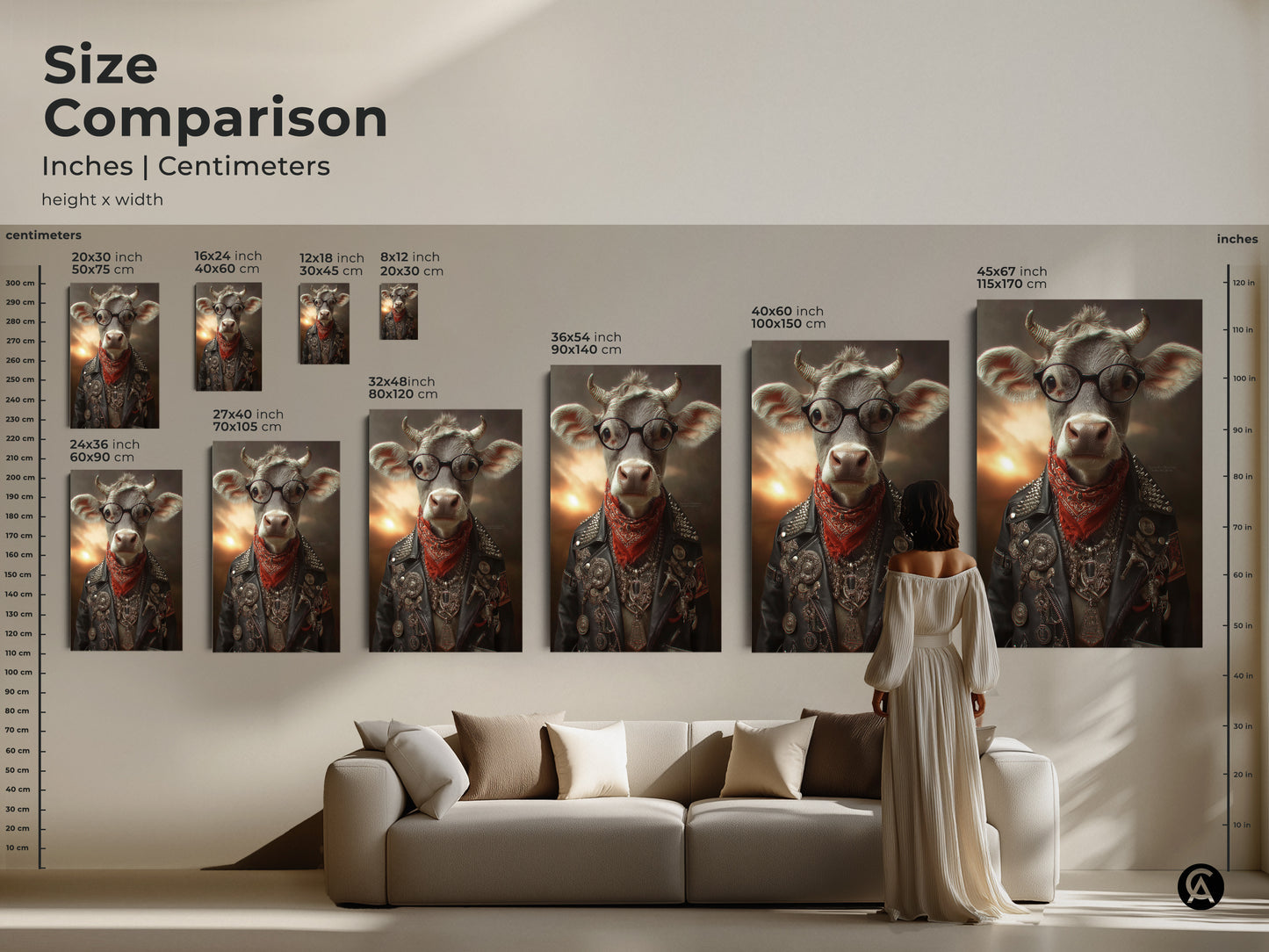 Size Comparison See how each size of cow biker canvas art fits in a room setting. This funny cow wall art makes a bold eclectic statement in a living room or man cave.