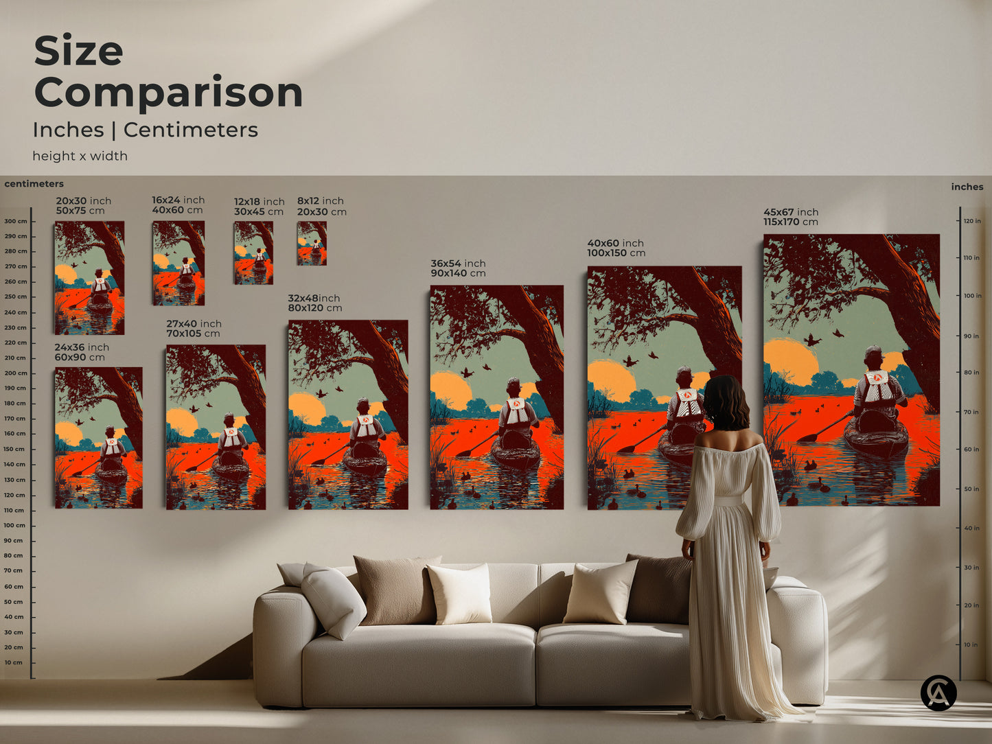 Compare sizes of duck hunting canoe art in inches and centimeters. See how the art fits above a sofa. Get a sense of scale for different art print dimensions. Perfect for planning your rustic home decor with this vintage-style artwork.