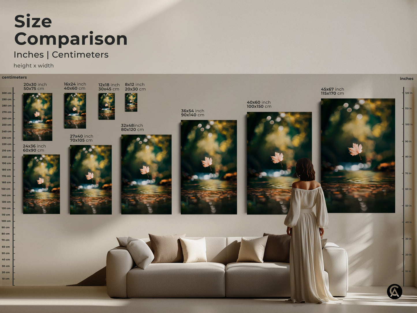 Visualize the impact of this artwork in your living room with our size comparison guide. See how the serene leaf scene complements your space in various sizes. Choose from a range of dimensions to enhance your home decor. Find the perfect fit now.