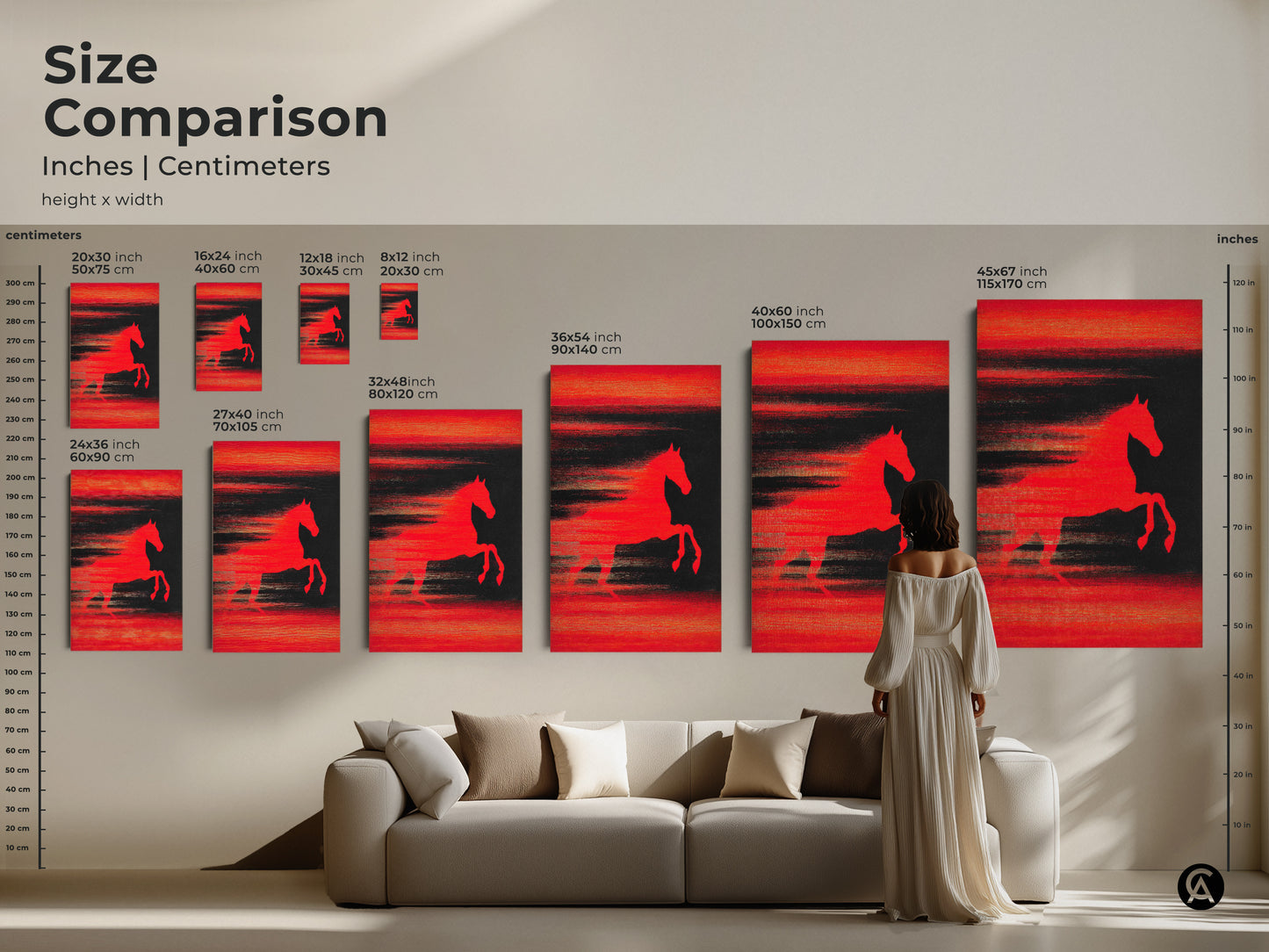 Size Comparison of Abstract Horse Art Canvas and Poster Prints. See how the artwork fits above a sofa. Ranging from small to large sizes this modern animal art complements any space. Perfect for adding a contemporary touch to your home decor. This is a great gift for horse lovers.