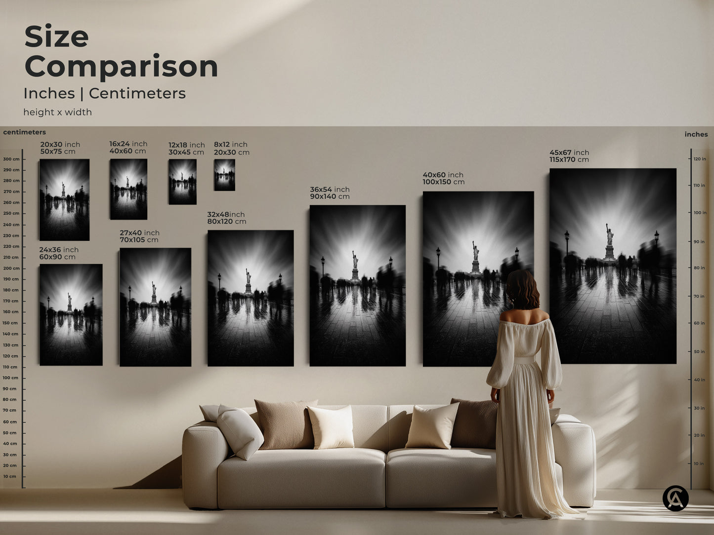 A size comparison guide displays the Statue of Liberty canvas art. It contrasts the artwork size against furniture in inches and centimeters. You can select the perfect scale for your wall. See how different sizes complement a modern living space transforming any room with this iconic cityscape art print.