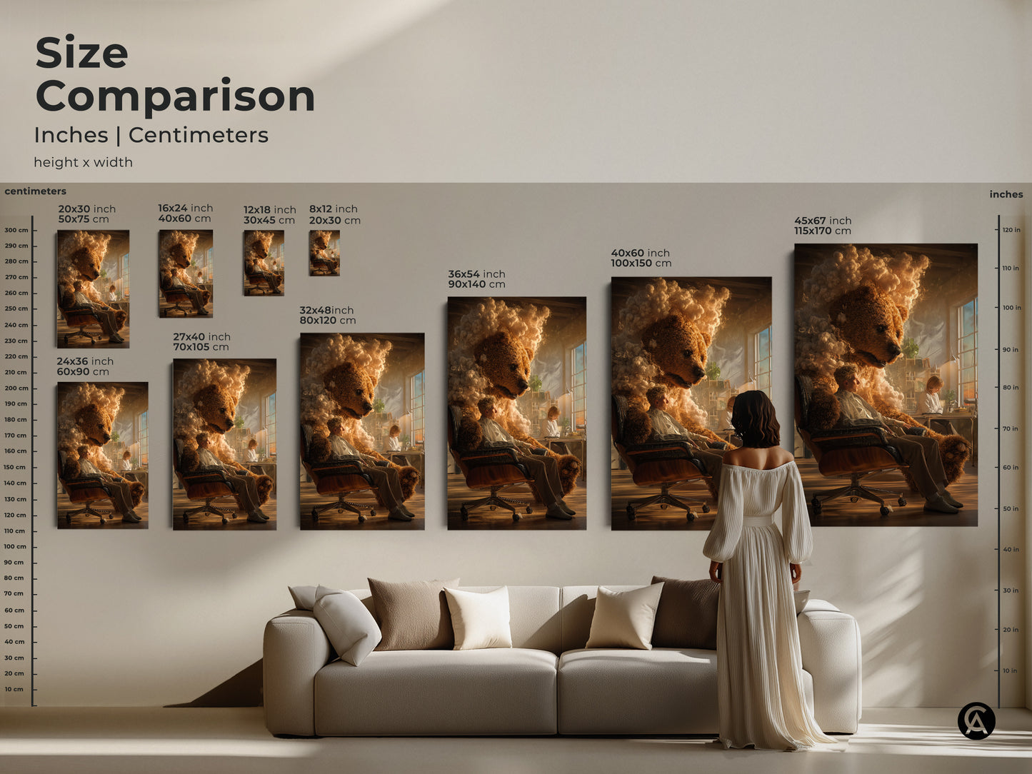 Size comparison of surreal bear man prints in inches and centimeters. See how the artwork fits with various furniture. Ideal for eclectic homes offices this art is a thoughtful gift. Enhance your wall with golden brown decor.