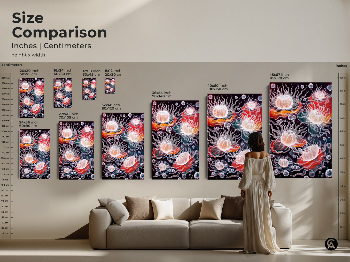 Size comparison of abstract jellyfish art. See the artwork in inches and centimeters. Visualize the scale in a living room setting. Sizes range from small to large. Find the perfect fit for eclectic home decor. This surreal underwater print brings coral orange and teal hues to life. Perfect for ocean lovers.
