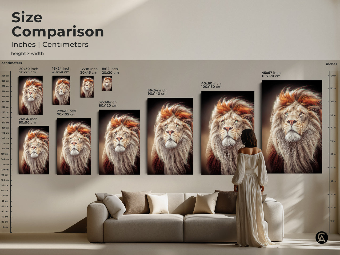 Size comparison of the lion art prints in various dimensions. The photorealistic artwork is showcased in a living room setting. This big cat canvas art is the perfect focal point. Select the ideal size to enhance your living space. Add a touch of powerful animal art to your home.
