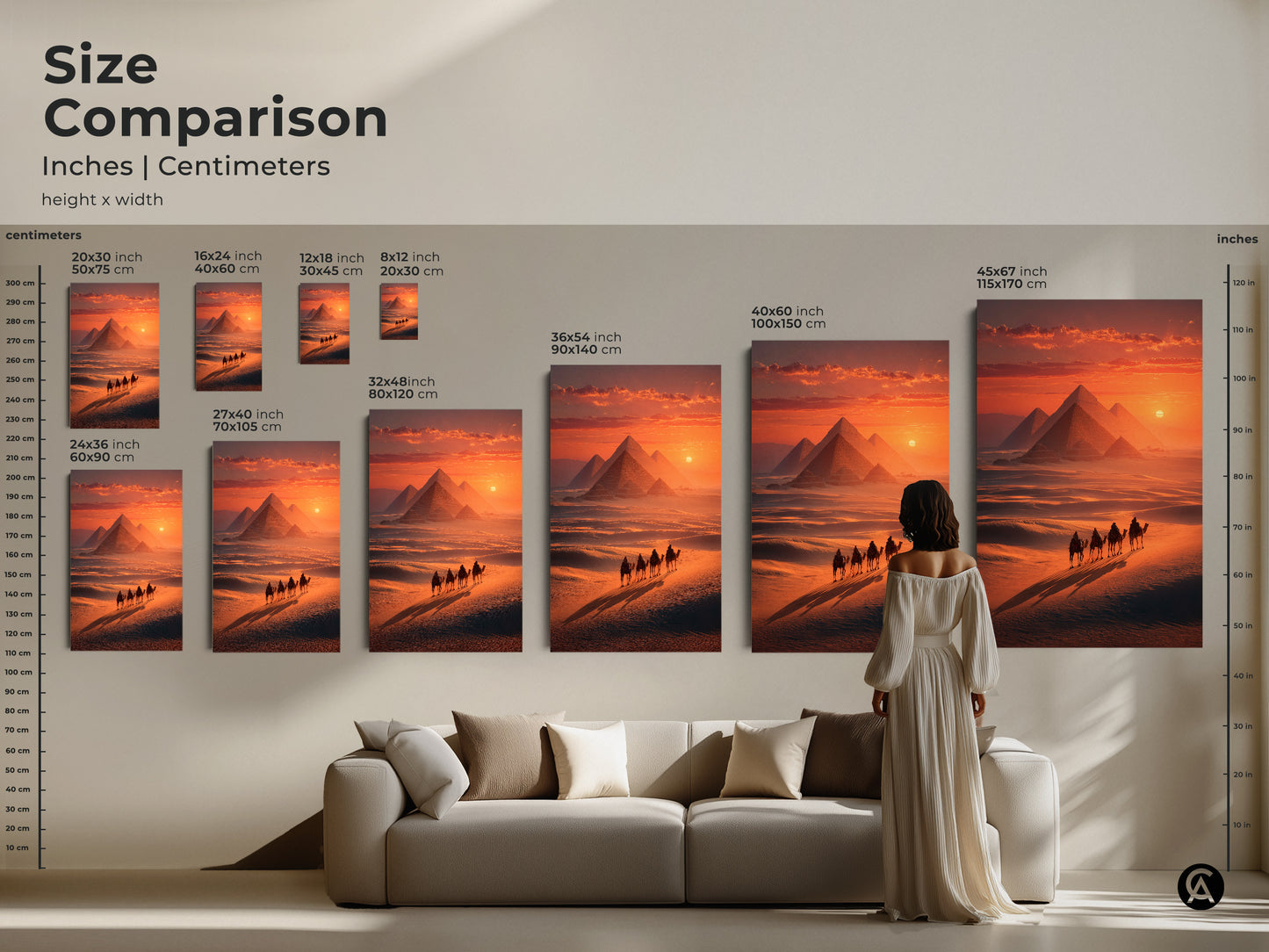 Visualize the Size Comparison of the Egypt Pyramids Camel Sunset artwork. See how this desert landscape canvas fits above a sofa. Sizes range from small to extra-large. Envision how each size enhances your travel themed decor. Perfect as entry hall wall art.