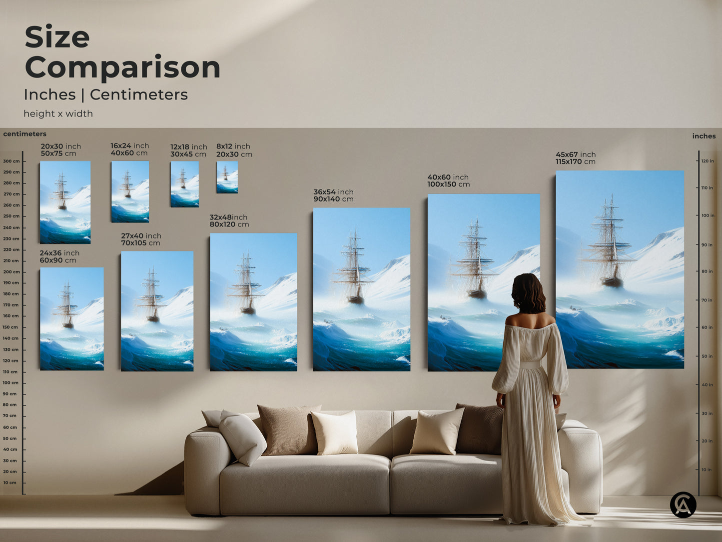 Compare sizes to find your ideal ocean adventure canvas print. Sizes range from small to large showcasing this tall ship in iceberg sea. See how this deep blue nautical art transforms your living space. This artwork serves as a stunning focal point perfect as a maritime gift for any nautical art lover.