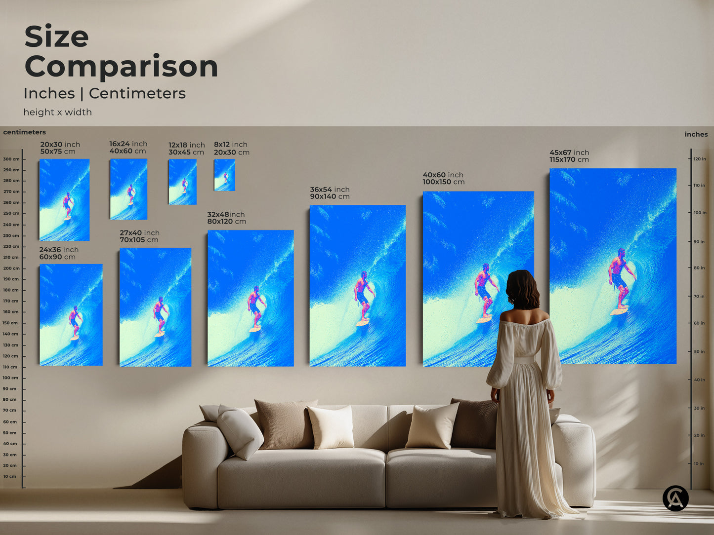 Size comparison of deep blue ocean artwork. Visualize the scale of this surfer canvas in inches and centimeters. Compare art sizes for your home decor. This coastal print makes a statement above any couch.