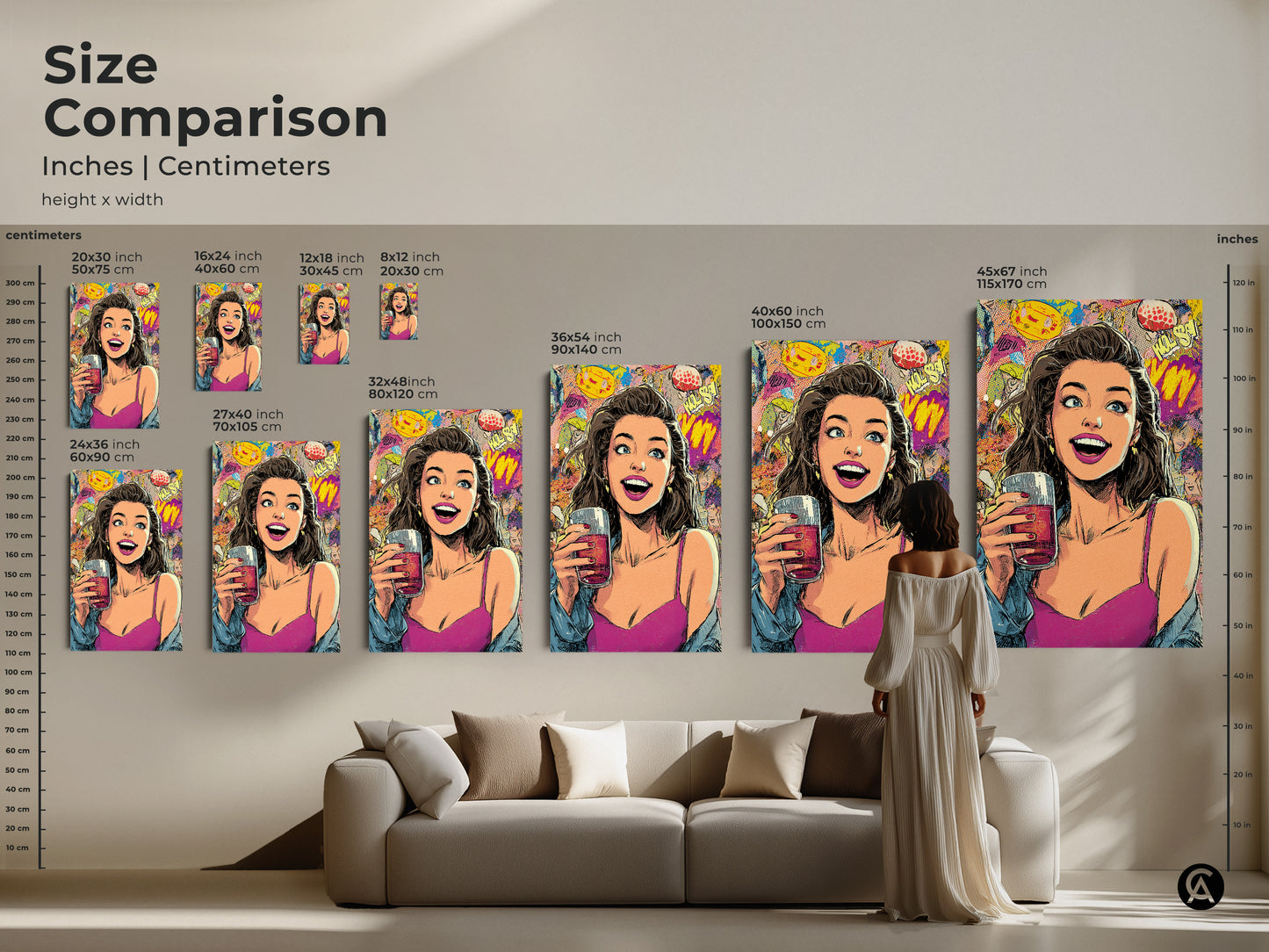 Size comparison for pop art woman artwork in inches and centimeters. Multiple sizes available to fit any space. This retro comic book style wall art adds an eclectic touch to your home or cafe. Decorate with vibrant pop culture art.
