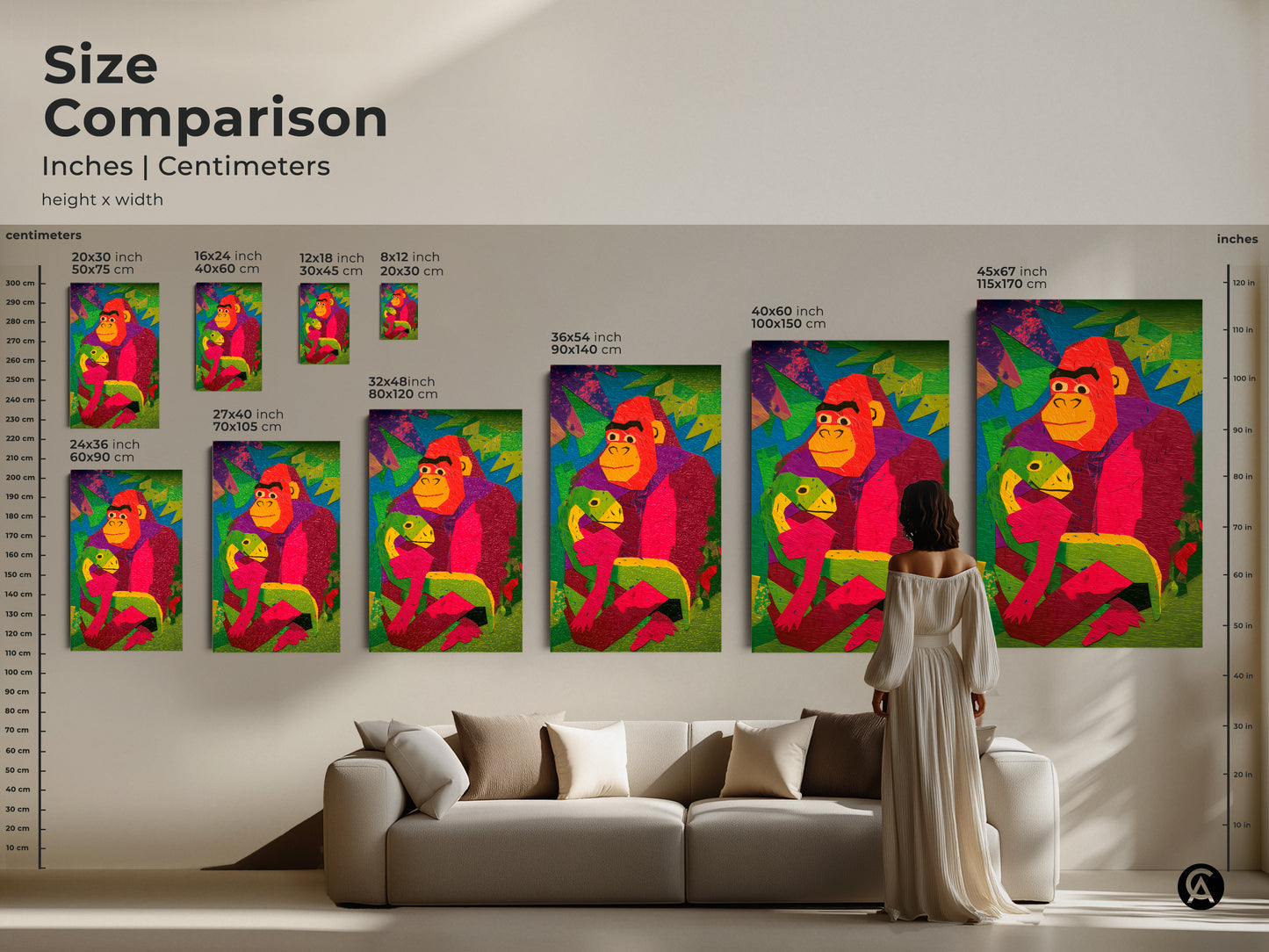 Size comparison of the gorilla and baby dinosaur artwork. Inches and centimeters are listed. The colorful geometric animal art is shown in various sizes. It makes a vibrant addition to any eclectic home or kids room decor.
