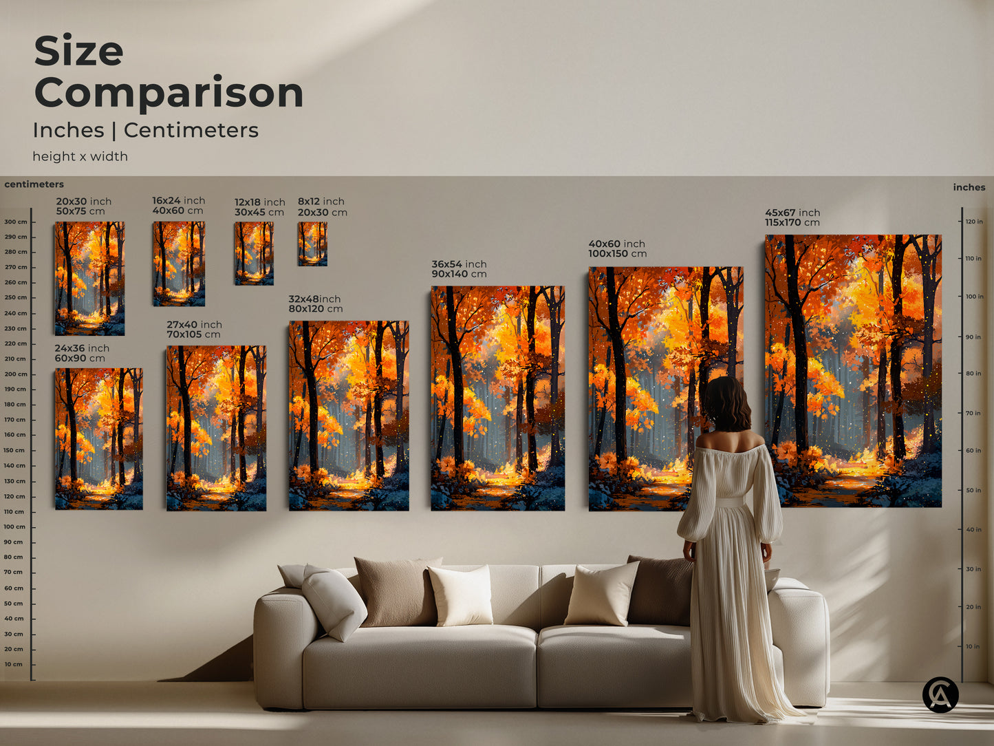 Size comparison of autumn forest artwork in inches and centimeters. See how the artwork looks in different sizes. Ranging from small to large. Perfect for above a couch. Visualize the impact of this stunning artwork on your wall.
