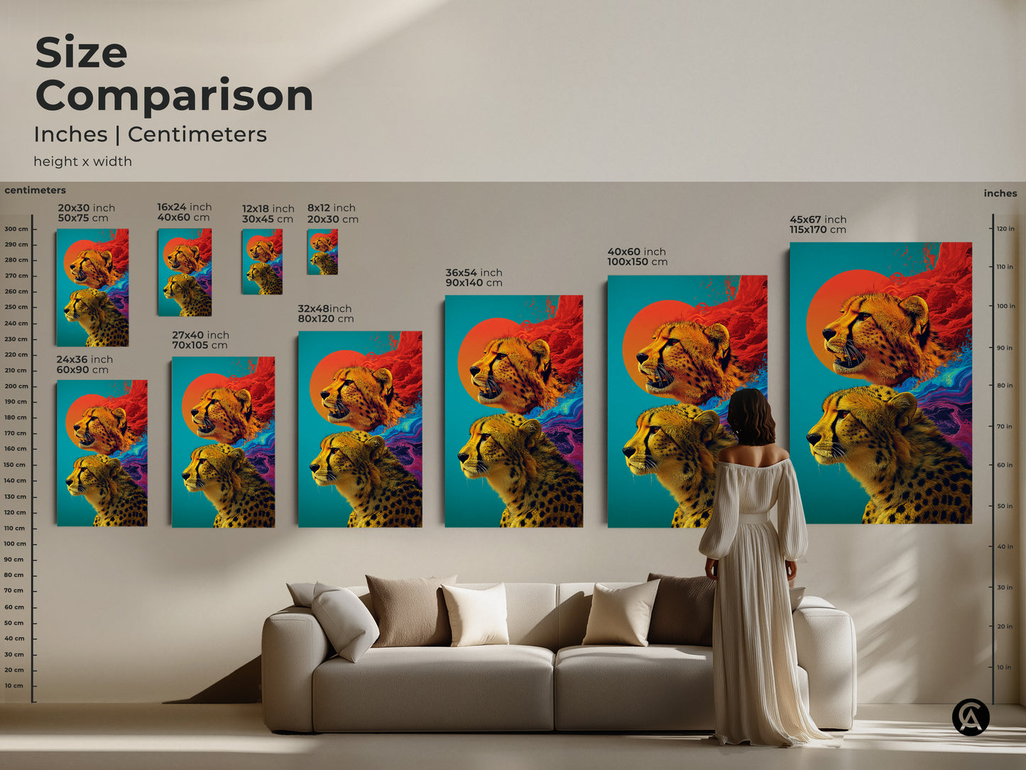 A close up abstract cheetah poster print is displayed. Highlighting teal orange and sun elements with vibrant swirls. This wildlife animal canvas print offers eclectic bedroom decor. This modern artwork is a thoughtful housewarming gift. The poster's vivid colors and unique style make it a standout piece.
