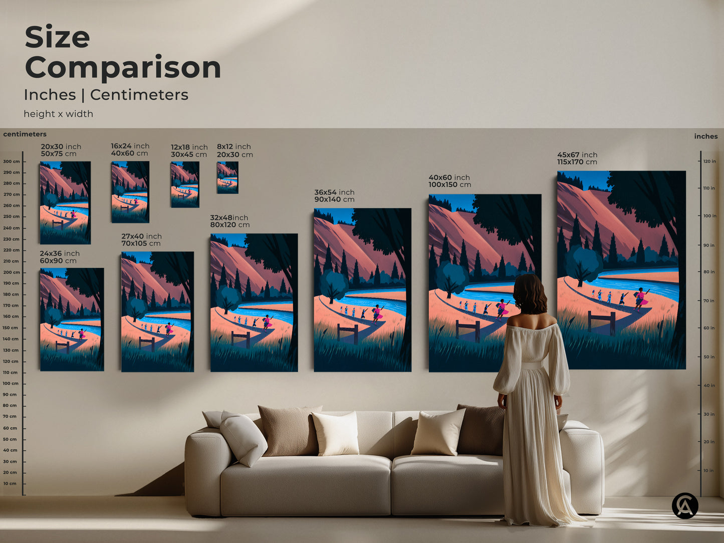 Size Comparison of the Boho Nature Artwork. Sizes in inches and centimeters. River Landscape Canvas Art featuring hikers. This modern folk art print has a coral blue teal color palette. Perfect for outdoor lovers. A great housewarming gift for hikers.