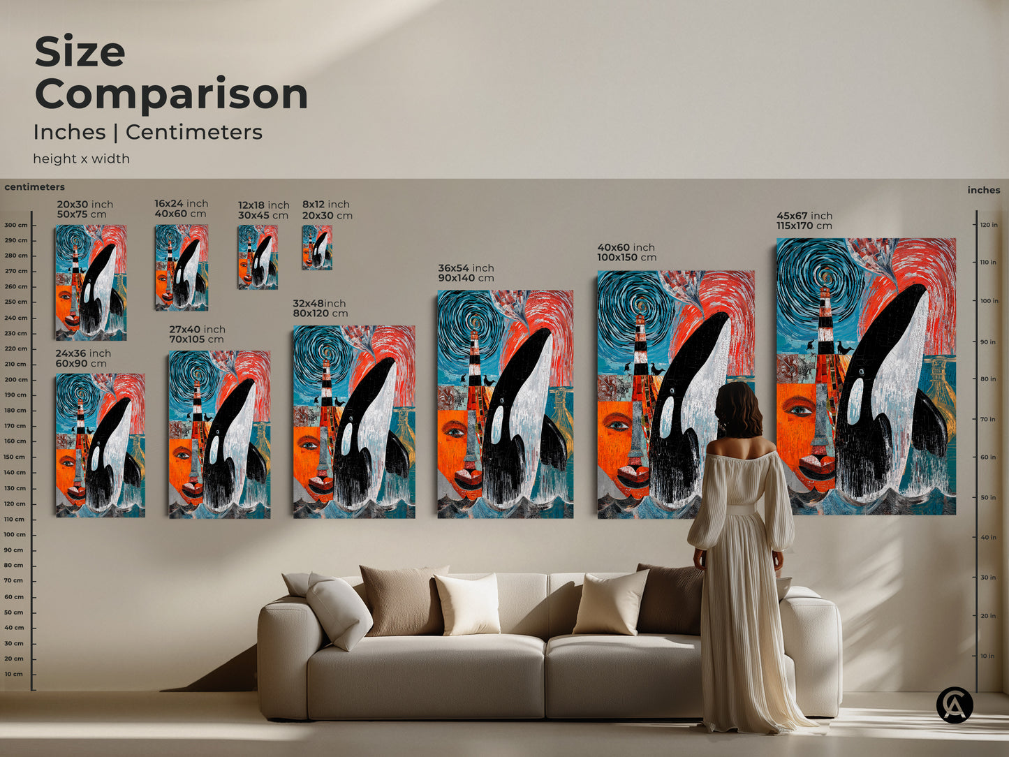 Explore size options for this abstract Orca whale & lighthouse canvas or poster art. Find the perfect fit from small to large vertical orientations. Transform your walls with this eclectic home decor ocean theme wall art. A statement piece for any room in your house.