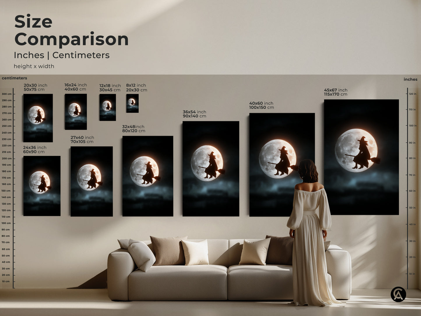 Size comparison of witch silhouette art prints in inches and centimeters. See how the artwork fits above a sofa. Sizes range from small to extra-large. The dark blue black art features a witch on a broom against a moon. Perfect for Halloween decor.