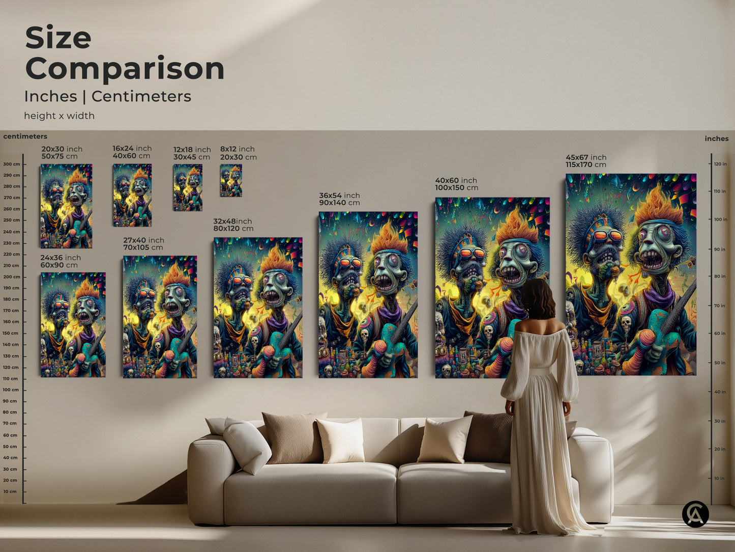 Size comparison of zombie musician artwork. See inches and centimeters for height x width. Visualize art in various sizes on your wall. Find the perfect fit for your living room decor.
