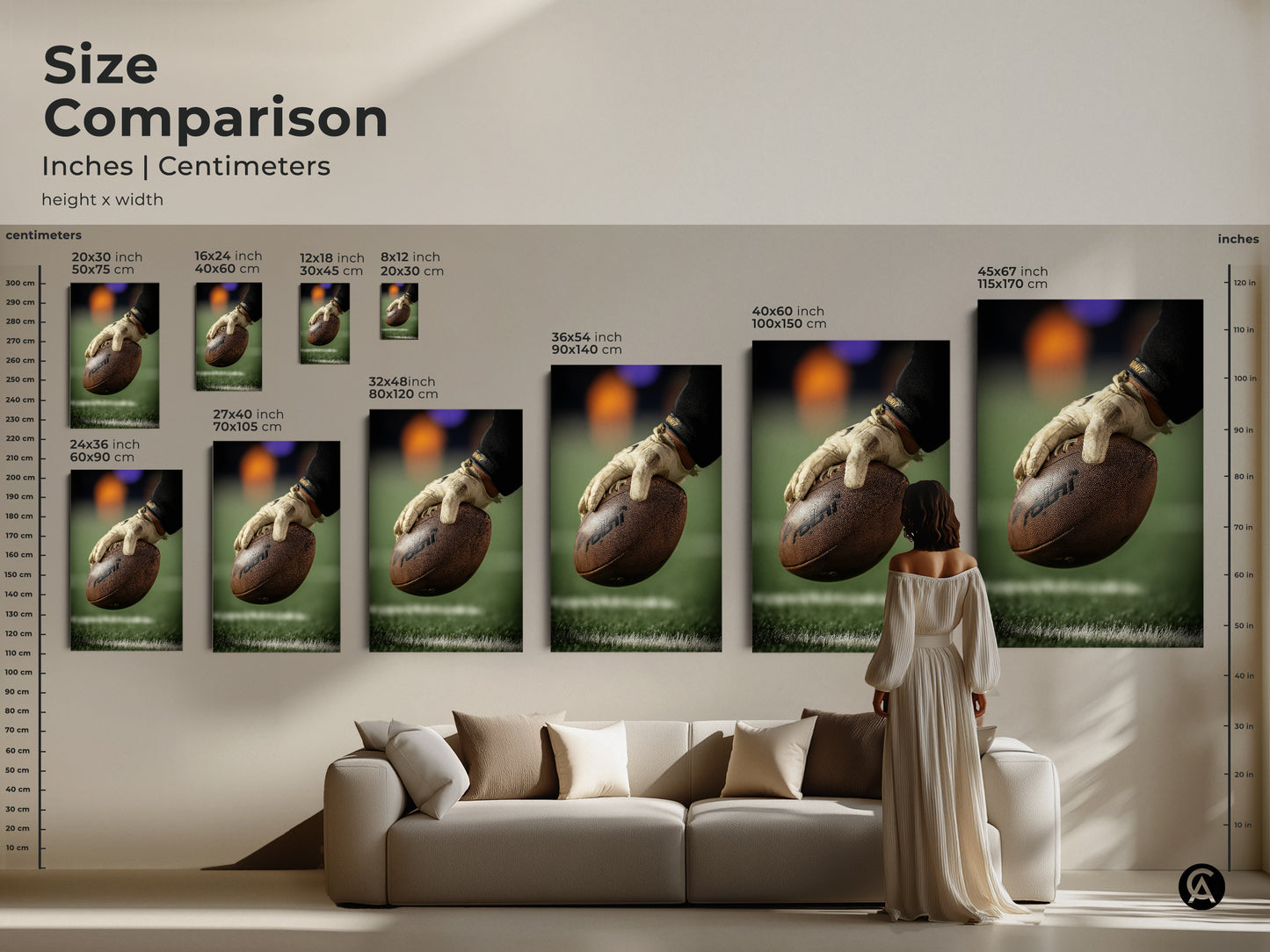 Size comparison of American Football art in inches and centimeters. See the artwork featuring a player's hand gripping the ball in various sizes. Perfect for planning wall decor in any room. Visualize the impact of this sports themed canvas in your space.