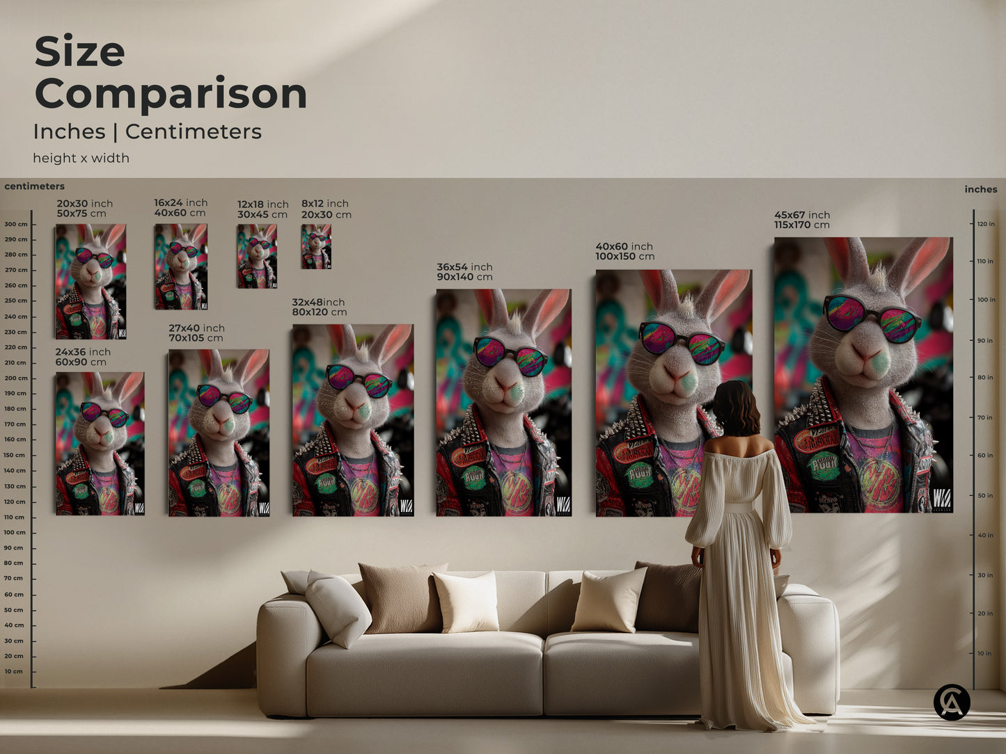 Size comparison of punk rock bunny art prints. See different canvas and poster sizes in a living room setting. Choose the best fit for your wall. A perfect edgy animal wall decor for teen rooms or man caves. This unique graffiti art print is a great gift idea