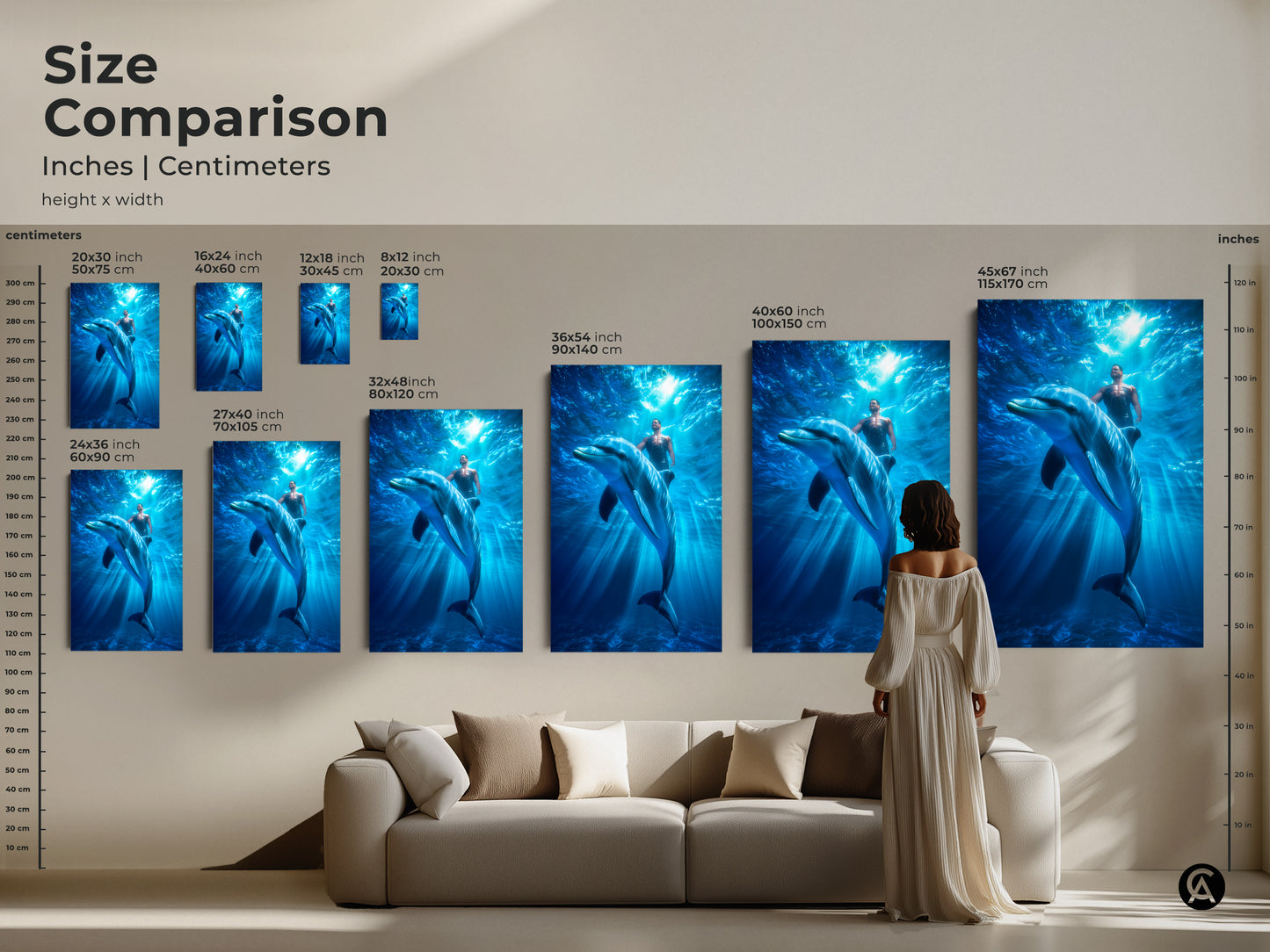 Size comparison featuring inches and centimeters for art prints. The image shows a man swimming with a dolphin underwater in different sizes. Perfect for visualizing how this oceanic home decor will fit.