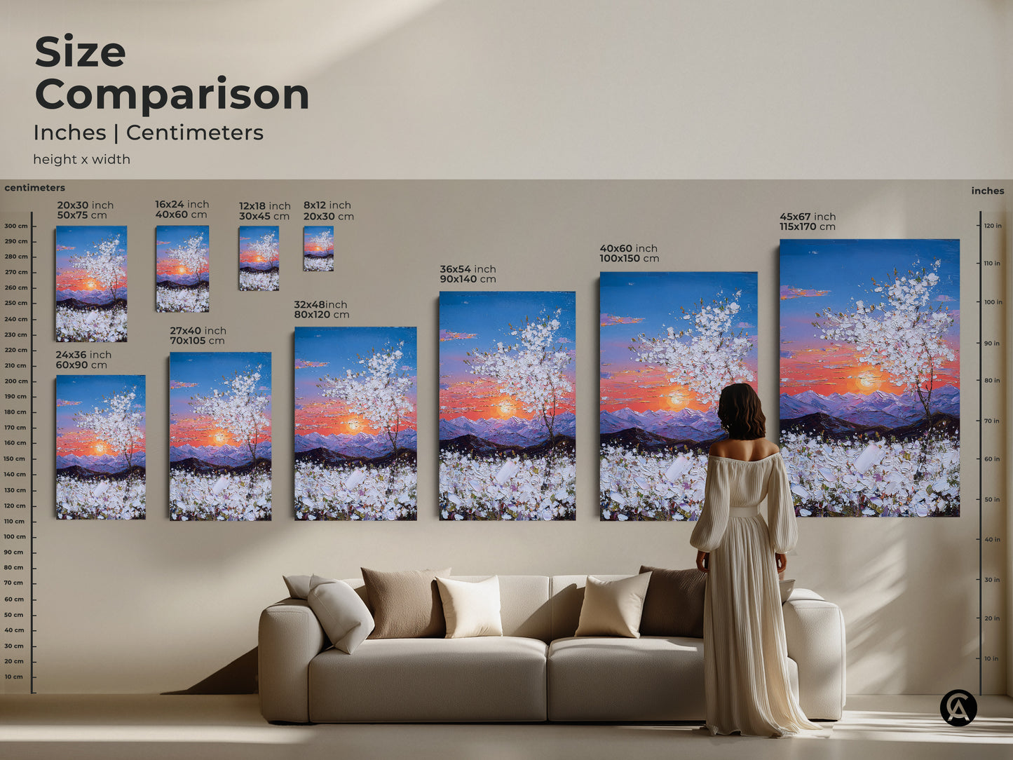 Size comparison chart of landscape artwork in inches and centimeters. Various sizes available to suit any room. Perfect blue pink orange tree artwork for home decor.