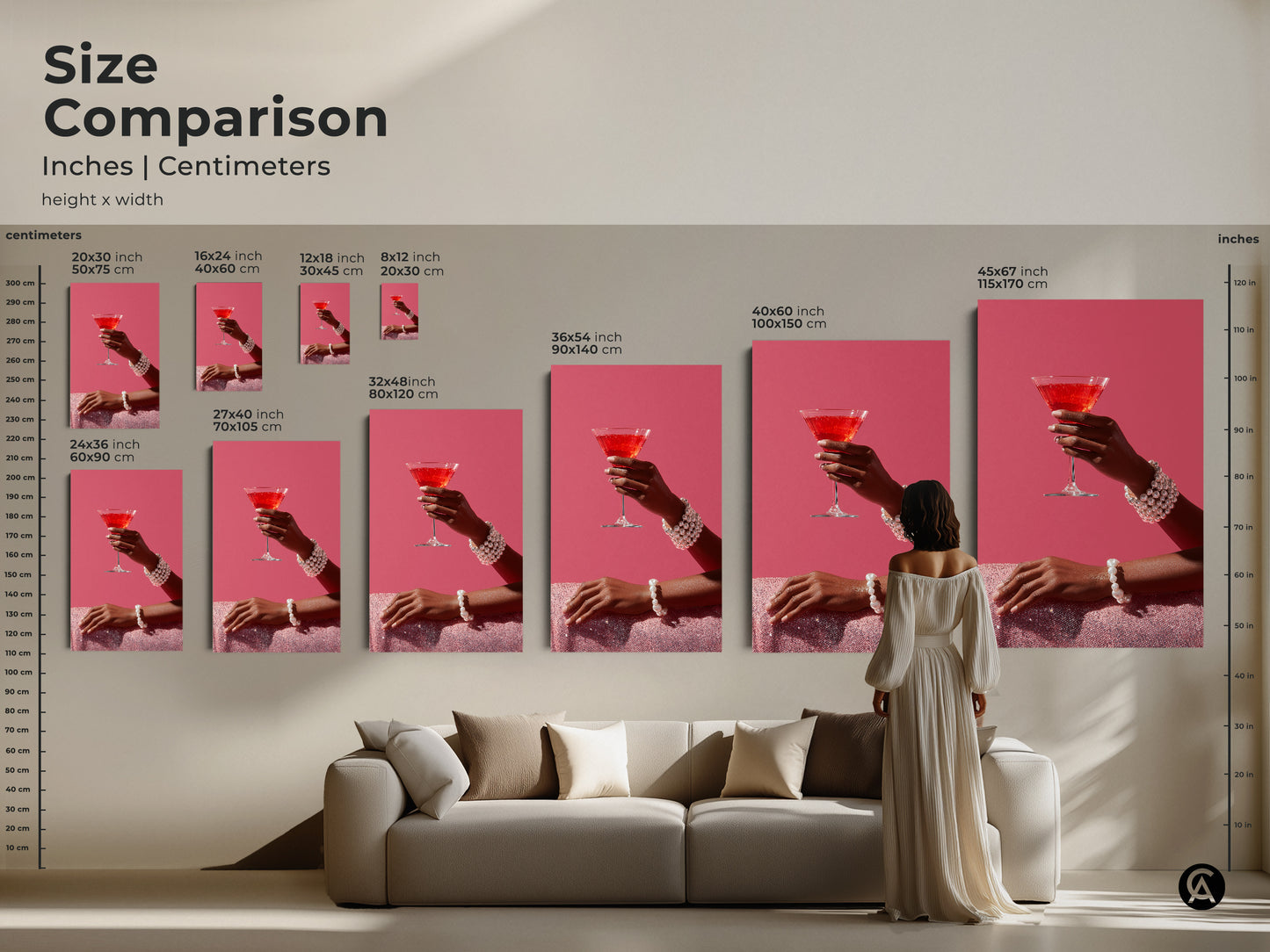 Compare sizes of this chic pink martini art. See how it fits in different spaces with this size comparison. The artwork features a hand with a pearl bracelet. This contemporary cocktail decor adds a touch of glam to any room. Perfect for a stylish home bar.