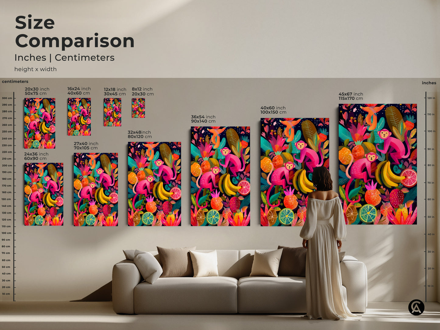 Compare sizes of the pink monkeys art print displayed above a couch creating a vivid living room scene. Imagine how the jungle botanical artwork transforms your space. Available in multiple sizes to suit any room. This vibrant art print adds an eclectic touch to your home decor
