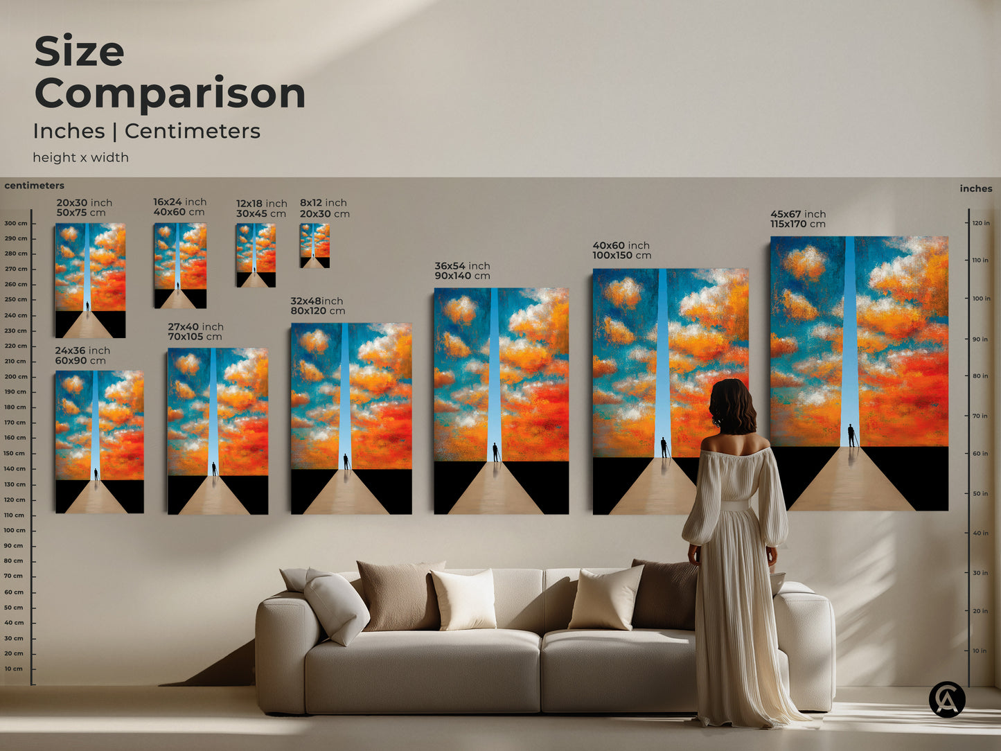 Size comparison of teal orange cloudscape canvas art. See inches and centimeters. The abstract figurative print transforms your space. Modern wall hanging for contemporary home decor.