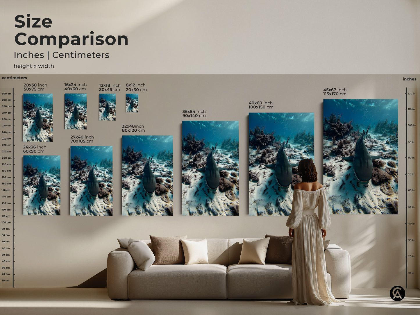 Size comparison of underwater shark artwork in inches and centimeters. This photorealistic ocean print is available in various sizes to fit any space. See how the artwork looks above a sofa. This teal marine life canvas makes a statement in any living room or study.