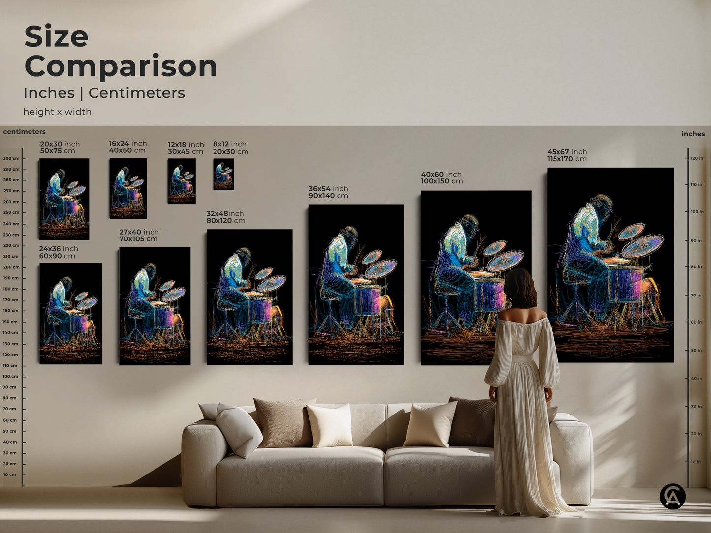 Size comparison for abstract drummer art. Choose from various sizes in inches and centimeters. Transform your space with this eclectic artwork a perfect statement piece for any music room or studio